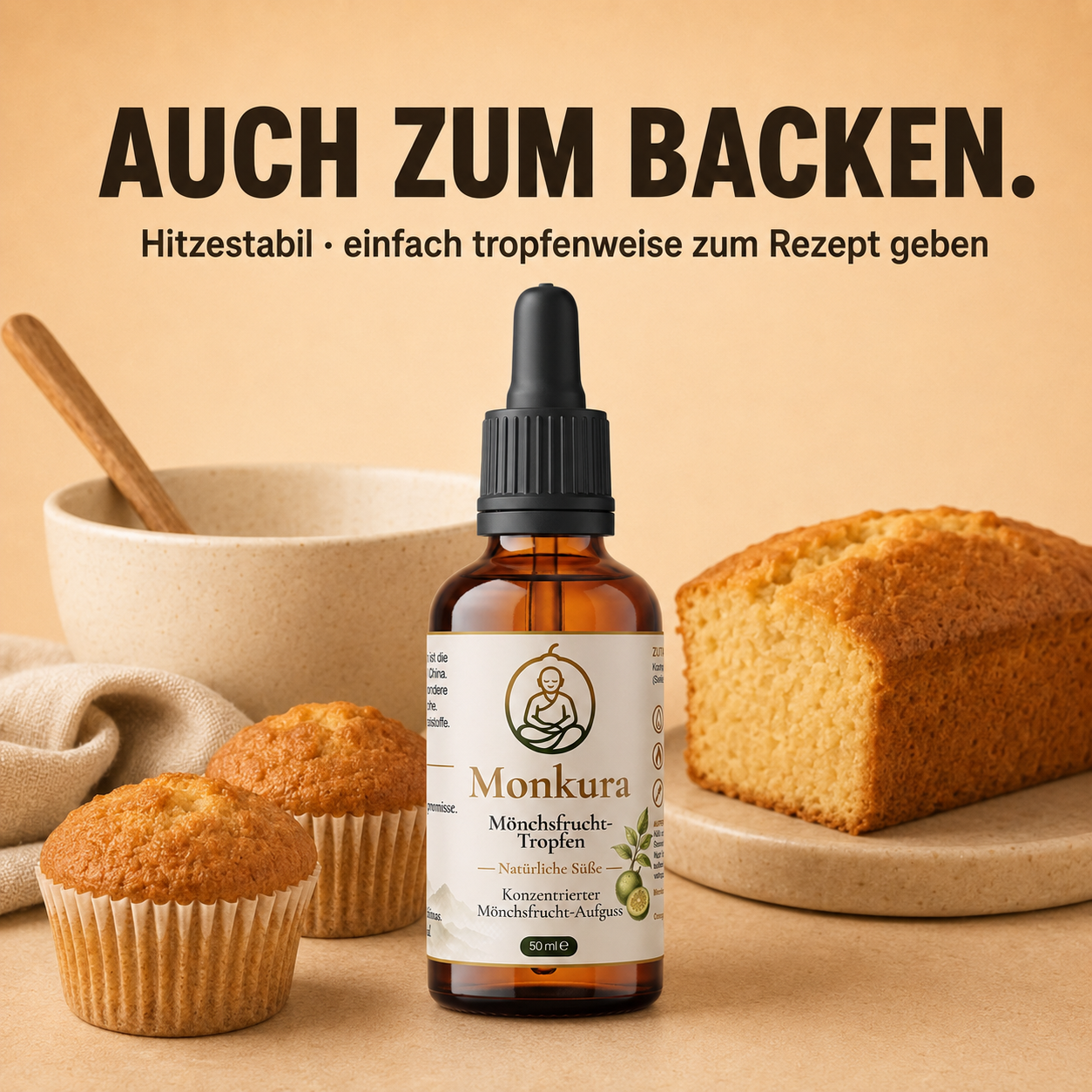 Monkura ist hitzestabil und eignet sich zum Backen, daneben Muffins und Kastenkuchen