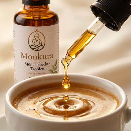 Makroaufnahme: Ein goldener Tropfen Monkura fällt aus der Pipette in eine Tasse Kaffee